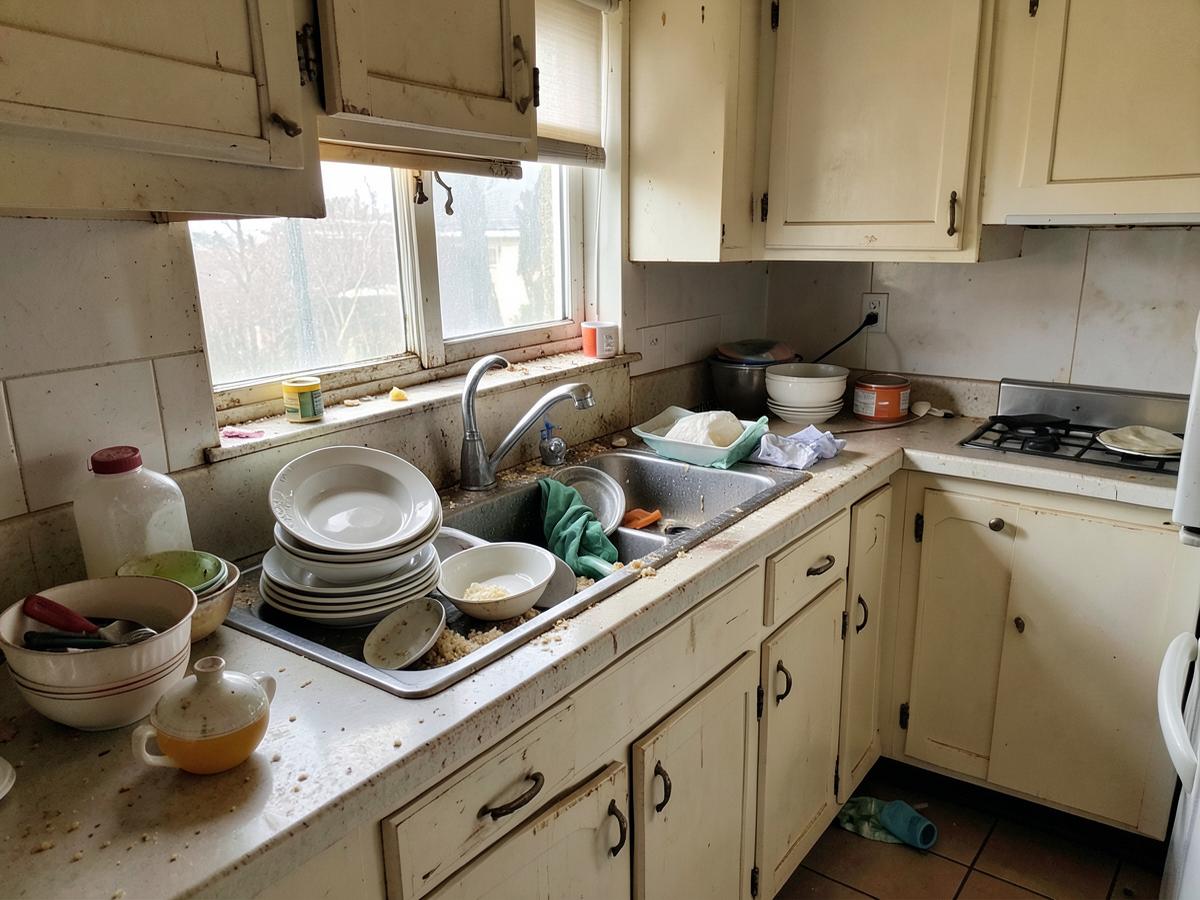 The same kitchen before cleaning, with cluttered counters and stacked dishes